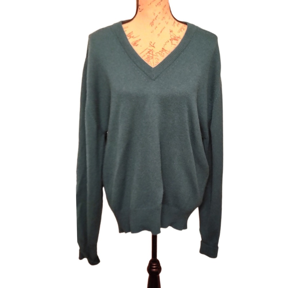 Vintage 90s Clan Douglas Womens 100% Cashmere Sweater XL Teal Old Money Heritage - Picture 2 of 7